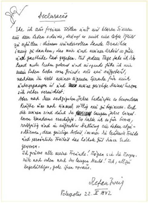 Carta de Stephan Zweig antes de su suicidio